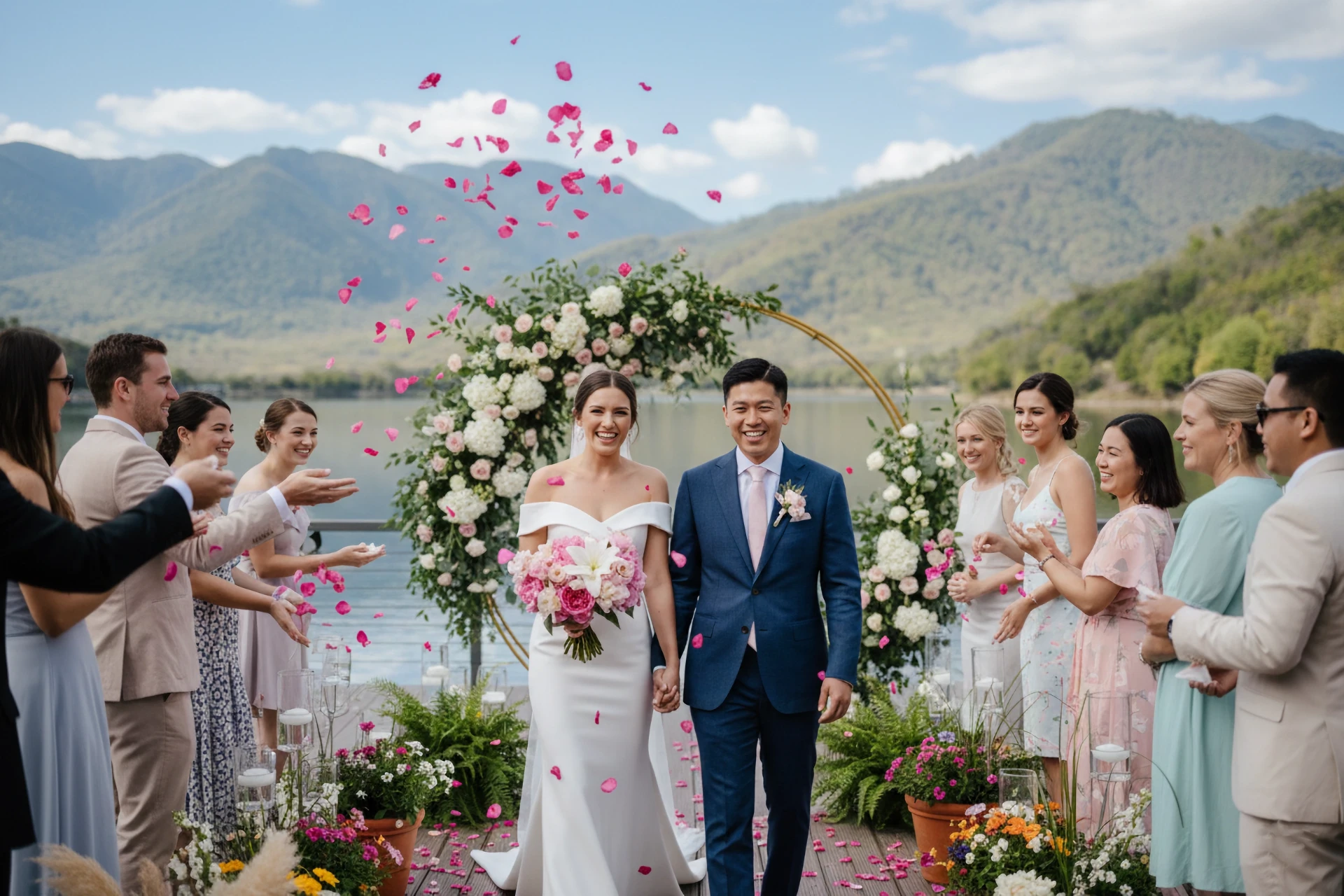 Свадьба на пирсе у озера в Грузии для иностранцев