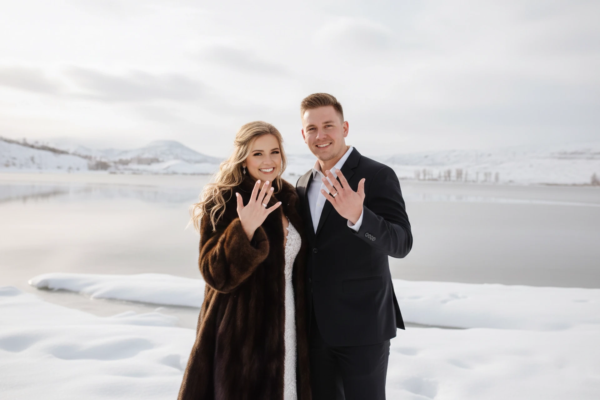 Свадебная фотосессия на озере зимой в Грузии